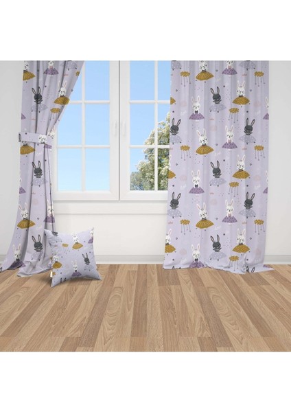 Balerin Tavşanlar, Mor, Beyaz, Ithal Kumaş, Çocuk ve Bebek Odası Fon Perde - 1 Kanat