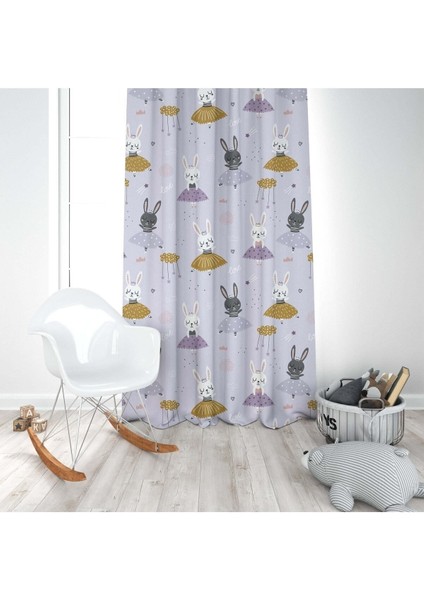 Balerin Tavşanlar, Mor, Beyaz, Ithal Kumaş, Çocuk ve Bebek Odası Fon Perde - 1 Kanat modelleri