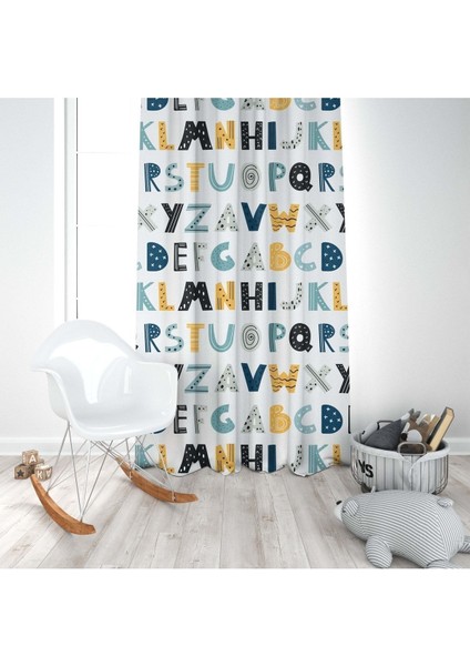 Renkli Harfler, Beyaz, Turuncu, Siyah, Ithal Kumaş Çocuk ve Bebek Odası Fon Perde - 1 Kanat modelleri