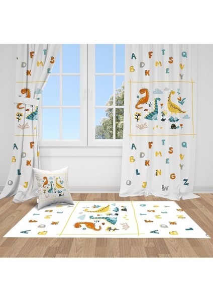 Dinazorlar ve Alfabe, Sarı, Turuncu, Ithal Kumaş, Çocuk ve Bebek Odası Fon Perde - 1 Kanat
