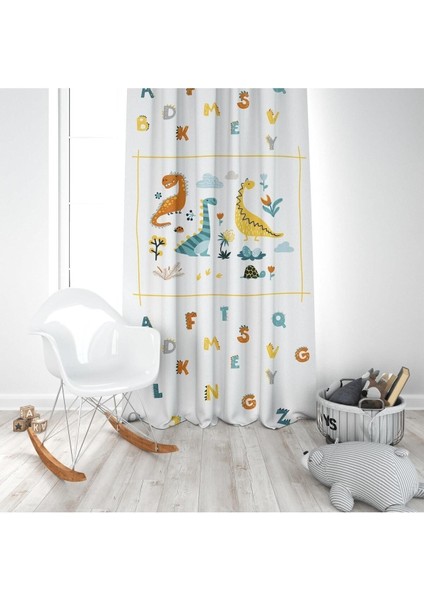 Dinazorlar ve Alfabe, Sarı, Turuncu, Ithal Kumaş, Çocuk ve Bebek Odası Fon Perde - 1 Kanat modelleri