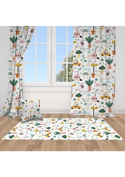 Fil ve Arabalar, Beyaz, Yeşil, Sarı, Ithal Kumaş, Çocuk ve Bebek Odası Fon Perde - 1 Kanat