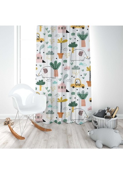 Fil ve Arabalar, Beyaz, Yeşil, Sarı, Ithal Kumaş, Çocuk ve Bebek Odası Fon Perde - 1 Kanat modelleri