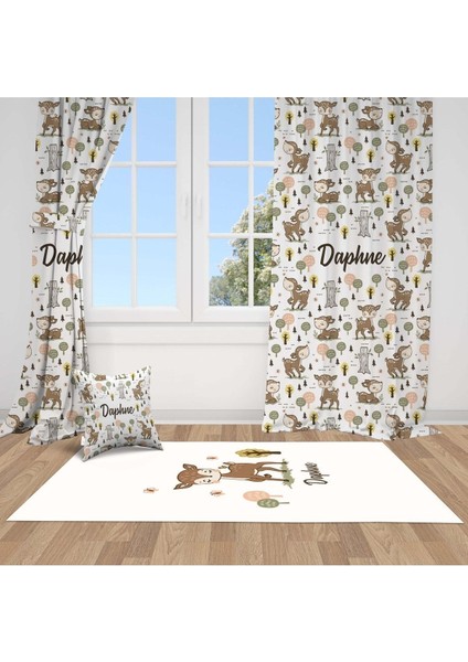 Orman Geyiği, Beyaz, Kahverengi, Ithal Kumaş, Çocuk ve Bebek Odası Fon Perde - 1 Kanat