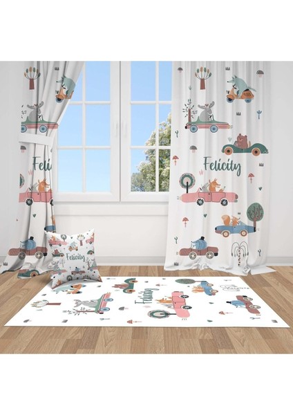 Orman Hayvanları ve Araba, Beyaz, Pembe, Ithal Kumaş, Çocuk ve Bebek Odası Fon Perde - 1 Kanat