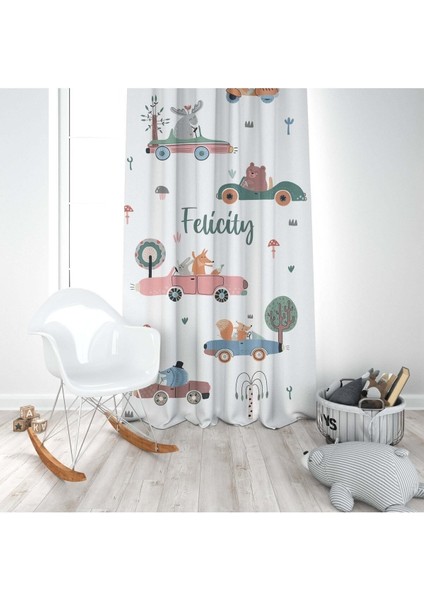 Orman Hayvanları ve Araba, Beyaz, Pembe, Ithal Kumaş, Çocuk ve Bebek Odası Fon Perde - 1 Kanat modelleri
