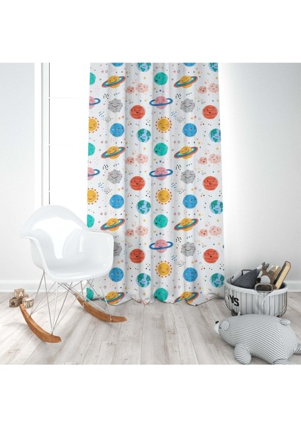Renkli Gezegenler, Beyaz, Mavi, Ithal Kumaş, Çocuk ve Bebek Odası Fon Perde - 1 Kanat modelleri