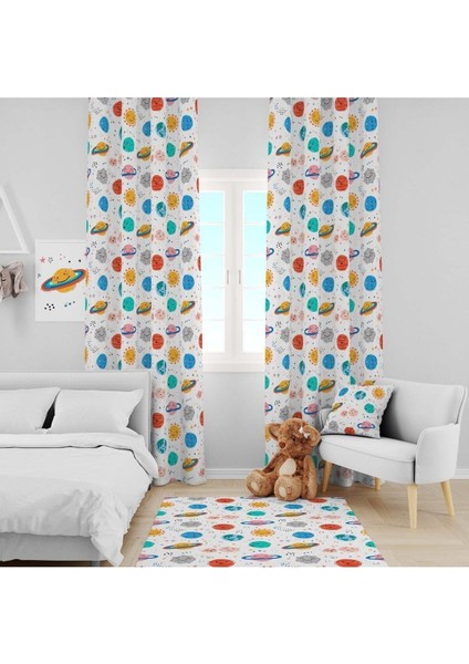 Renkli Gezegenler, Beyaz, Mavi, Ithal Kumaş, Çocuk ve Bebek Odası Fon Perde - 1 Kanat fırsatları