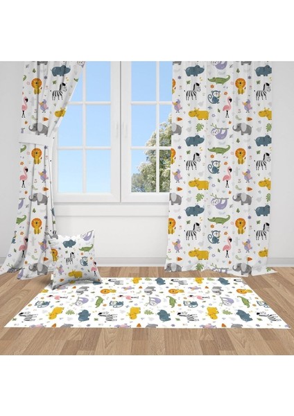 Çiçekli Safari Hayvanları, Beyaz, Turuncu, Ithal Kumaş, Çocuk ve Bebek Odası Fon Perde - 1 Kanat