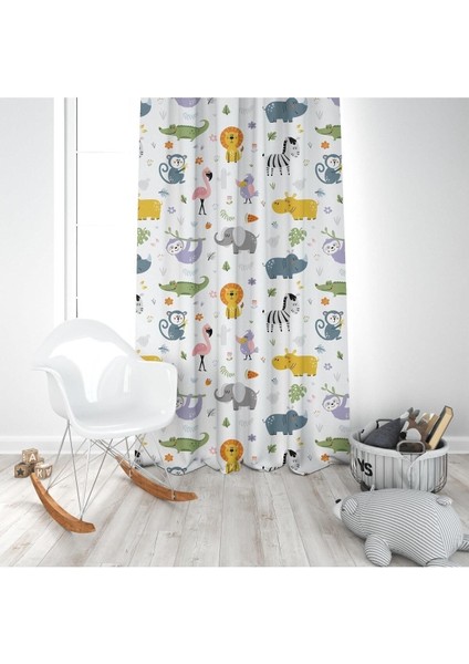 Çiçekli Safari Hayvanları, Beyaz, Turuncu, Ithal Kumaş, Çocuk ve Bebek Odası Fon Perde - 1 Kanat modelleri