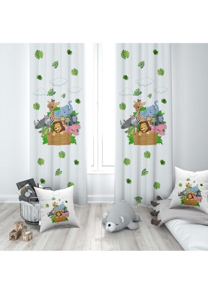 Safari Hayvanları, Aslan, Zürafa, Beyaz, Ithal Kumaş, Çocuk ve Bebek Odası Fon Perde - 1 Kanat