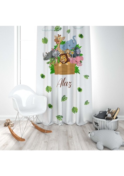 Safari Hayvanları, Aslan, Zürafa, Beyaz, Ithal Kumaş, Çocuk ve Bebek Odası Fon Perde - 1 Kanat modelleri