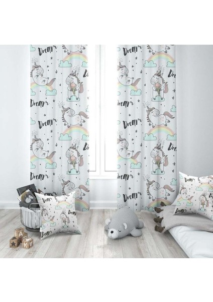 Uyuyan Unicorn, Beyaz, Mavi, Ithal Kumaş, Çocuk ve Bebek Odası Fon Perde - 1 Kanat