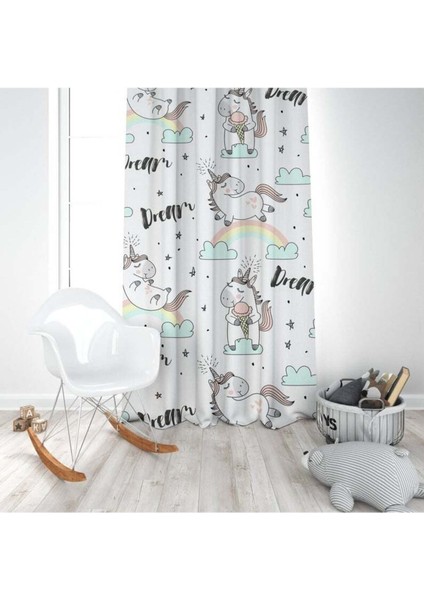 Uyuyan Unicorn, Beyaz, Mavi, Ithal Kumaş, Çocuk ve Bebek Odası Fon Perde - 1 Kanat modelleri