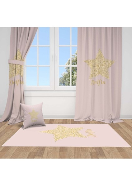 Parlayan Altın Yıldız, Pembe, Gold, Ithal Kumaş, Çocuk ve Bebek Odası Fon Perde - 1 Kanat
