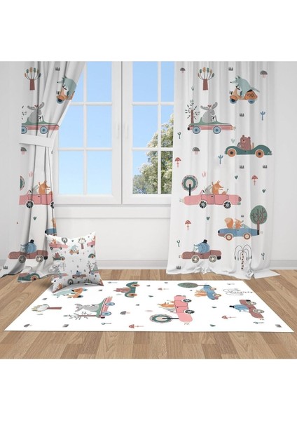 Sulu Boya Efektli, Renkli Arabalar, Beyaz, Ithal Kumaş, Çocuk ve Bebek Odası Fon Perde - 1 Kanat