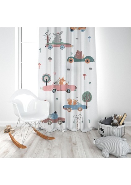 Sulu Boya Efektli, Renkli Arabalar, Beyaz, Ithal Kumaş, Çocuk ve Bebek Odası Fon Perde - 1 Kanat modelleri