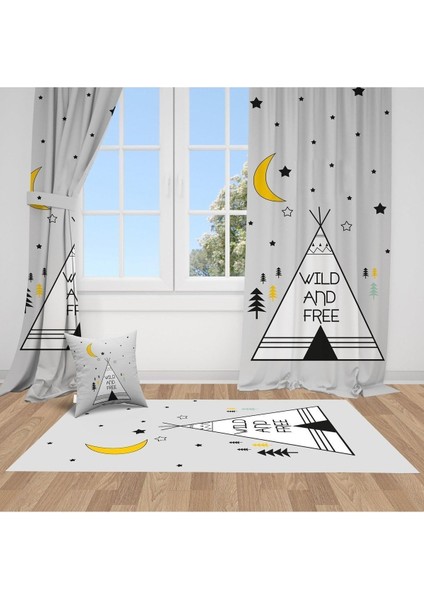 Özgür Ruh, Gri, Beyaz, Sarı, Ithal Kumaş, Çocuk ve Bebek Odası Fon Perde - 1 Kanat
