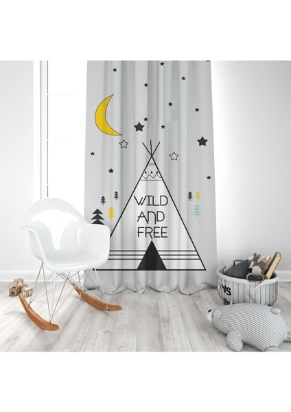 Özgür Ruh, Gri, Beyaz, Sarı, Ithal Kumaş, Çocuk ve Bebek Odası Fon Perde - 1 Kanat modelleri