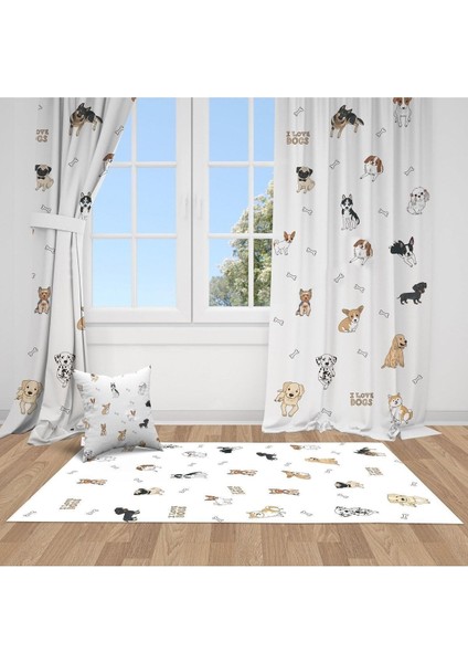 Yavru Köpekler, Beyaz, Siyah, Ithal Kumaş, Çocuk ve Bebek Odası Fon Perde - 1 Kanat