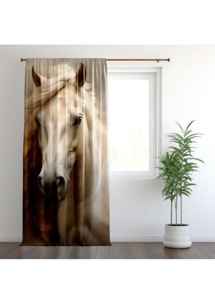 3D At, Modern Yağlı Boya Beyaz At, Krem , Kahve Rengi, Oturma Odası, Salon, Fon Perde - 1 Kanat