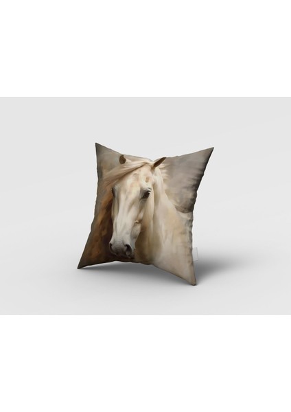 3D At, Modern Yağlı Boya Beyaz At, Krem , Kahve Rengi, Oturma Odası, Salon, Fon Perde - 1 Kanat modelleri