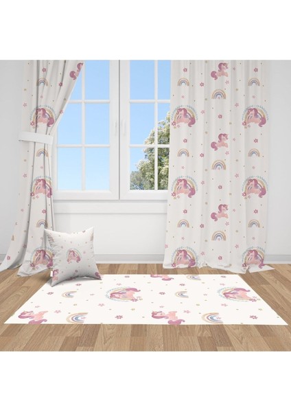 Prenses Unicorn, Beyaz, Pembe, Ithal Kumaş, Çocuk ve Bebek Odası Fon Perde - 1 Kanat