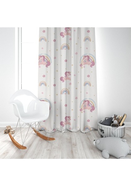 Prenses Unicorn, Beyaz, Pembe, Ithal Kumaş, Çocuk ve Bebek Odası Fon Perde - 1 Kanat modelleri