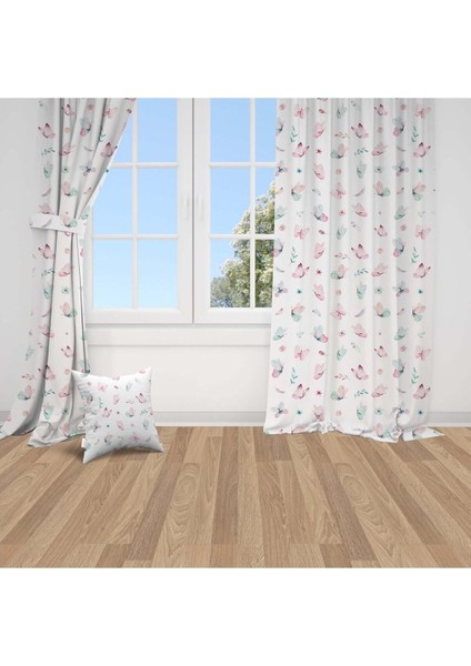 Kelebek, Beyaz, Mor, Pembe, Ithal Kumaş, Çocuk ve Bebek Odası Fon Perde - 1 Kanat
