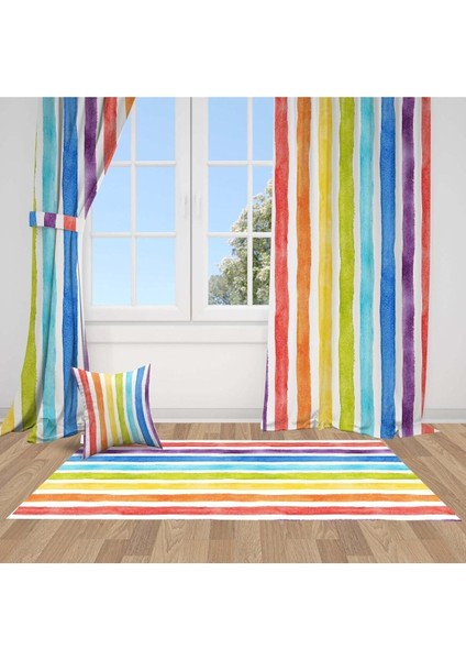 Dikey Çizgili Renkler, Kırmızı, Sarı, Mavi, Ithal Kumaş, Çocuk ve Bebek Odası Fon Perde - 1 Kanat