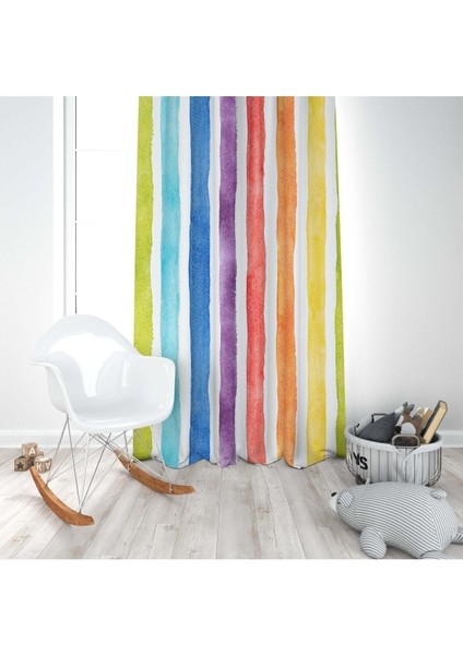 Dikey Çizgili Renkler, Kırmızı, Sarı, Mavi, Ithal Kumaş, Çocuk ve Bebek Odası Fon Perde - 1 Kanat modelleri
