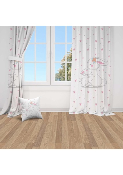 Sarılan Tavşanlar, Beyaz, Pembe, Ithal Kumaş, Çocuk ve Bebek Odası Fon Perde - 1 Kanat