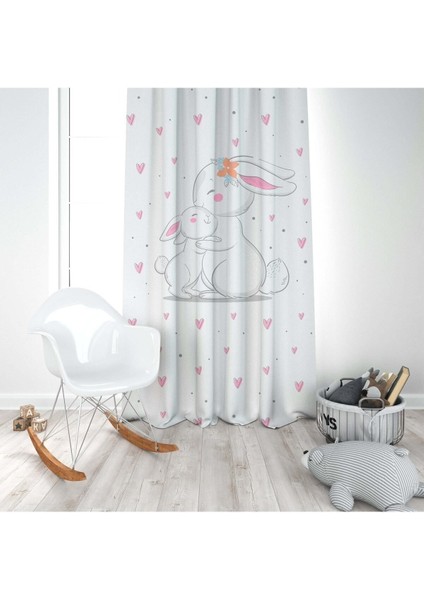 Sarılan Tavşanlar, Beyaz, Pembe, Ithal Kumaş, Çocuk ve Bebek Odası Fon Perde - 1 Kanat modelleri