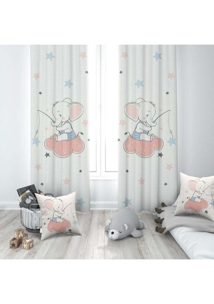 Sevimli Bebek Fil, Beyaz, Pembe, Mavi, Ithal Kumaş, Çocuk ve Bebek Odası Fon Perde - 1 Kanat