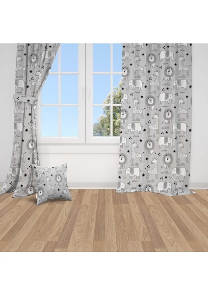 Siyah Beyaz Tatlı Hayvanlar, Gri, Ithal Kumaş, Çocuk ve Bebek Odası Fon Perde - 1 Kanat