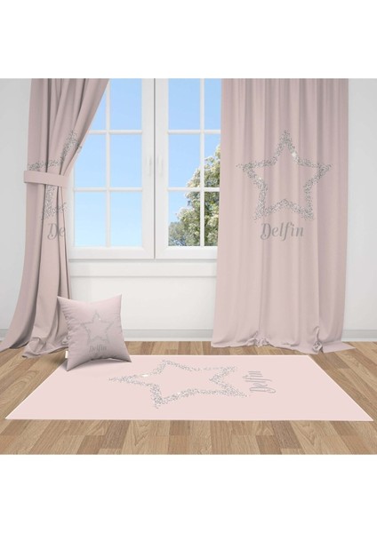 Parlayan Altın Yıldız, Pembe, Gri, Ithal Kumaş, Çocuk ve Bebek Odası Fon Perde - 1 Kanat