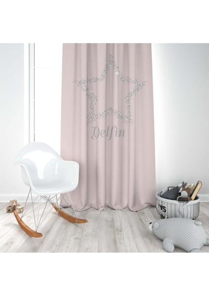 Parlayan Altın Yıldız, Pembe, Gri, Ithal Kumaş, Çocuk ve Bebek Odası Fon Perde - 1 Kanat modelleri