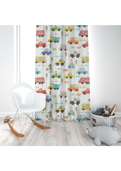 Renkli Arabalar, Beyaz, Turuncu, Sarı, Ithal Kumaş, Çocuk ve Bebek Odası Fon Perde - 1 Kanat modelleri