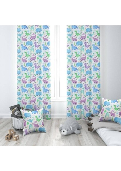 Sulu Boya Efektli, Renkli Dinazorlar, Mavi, Pembe, Çocuk ve Bebek Odası Fon Perde - 1 Kanat