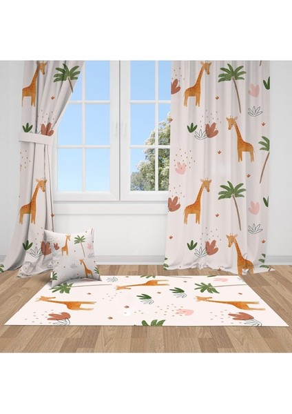 Sulu Boya Efektli, Zürafalar, Beyaz, Turuncu, Ithal Kumaş, Çocuk ve Bebek Odası Fon Perde - 1 Kanat