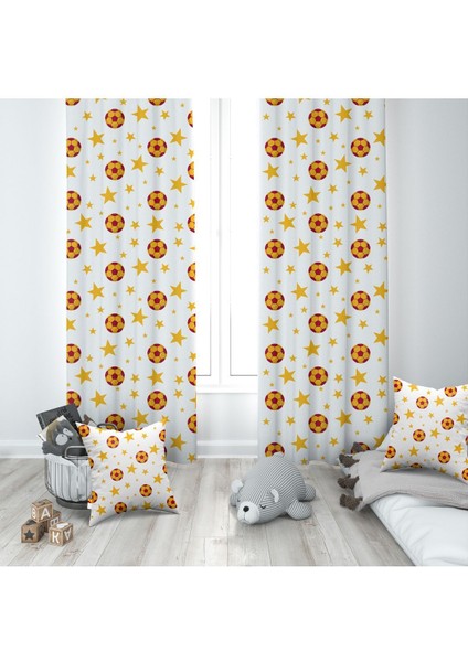 Sarı Kırmızı, Futbol Topu, Beyaz, Ithal Kumaş, Çocuk Odası, Bebek Odası Fon Perde - 1 Kanat