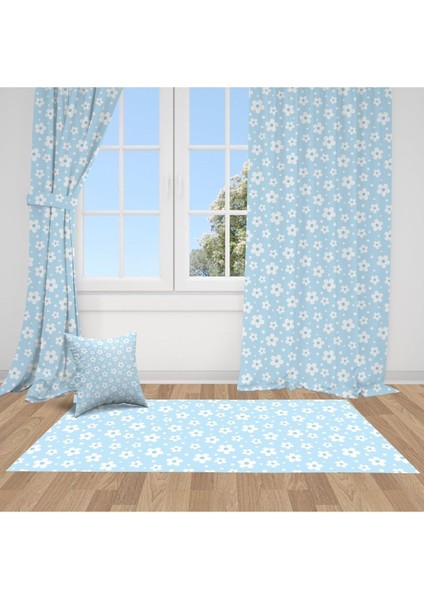 Mavi Çiçekler, Ithal Kumaş, Çocuk ve Bebek Odası Fon Perde - 1 Kanat