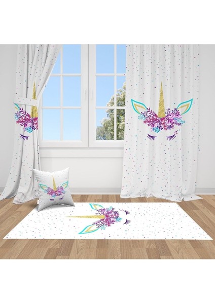 Çiçekli Unicorn, Beyaz, Mor, Ithal Kumaş, Çocuk ve Bebek Odası Fon Perde - 1 Kanat