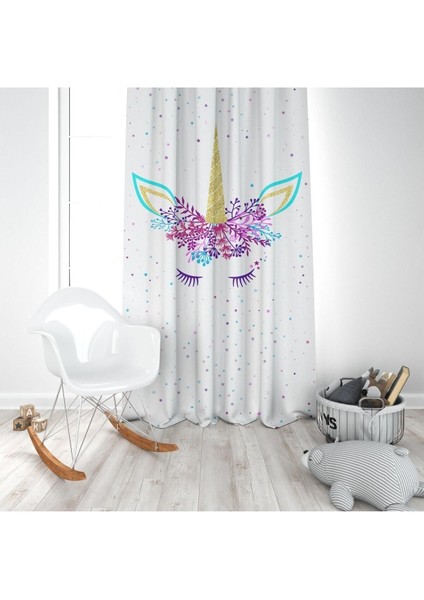Çiçekli Unicorn, Beyaz, Mor, Ithal Kumaş, Çocuk ve Bebek Odası Fon Perde - 1 Kanat modelleri