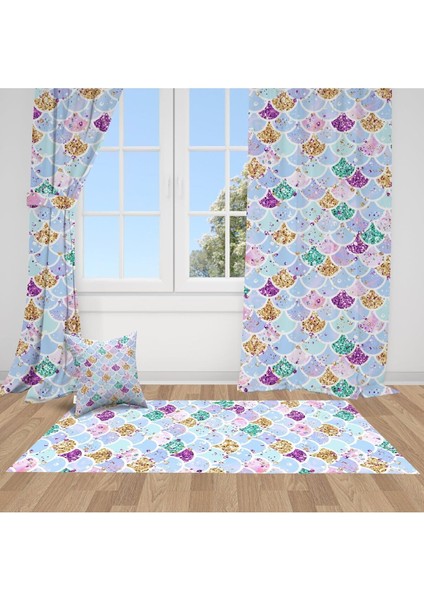 Renkli Istiridye Kabuğu, Mavi, Altın, Mor, Ithal Kumaş, Çocuk ve Bebek Odası Fon Perde - 1 Kanat