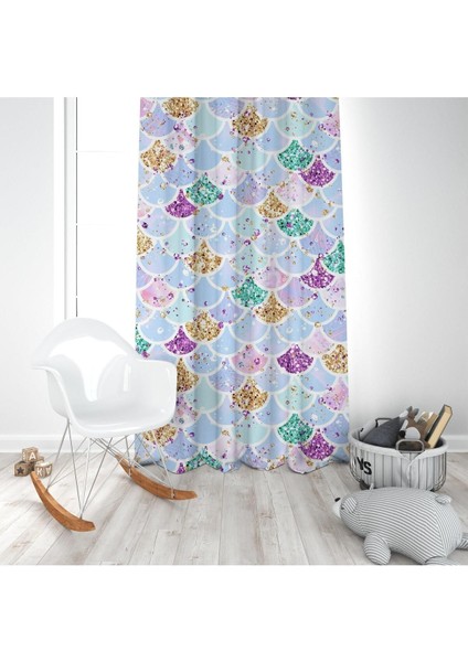 Renkli Istiridye Kabuğu, Mavi, Altın, Mor, Ithal Kumaş, Çocuk ve Bebek Odası Fon Perde - 1 Kanat modelleri