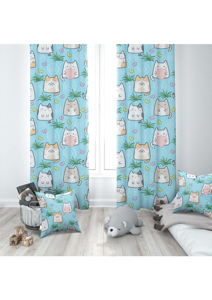 Iskandinav Stili Kediler, Mavi, Pembe, Ithal Kumaş, Çocuk ve Bebek Odası Fon Perde - 1 Kanat