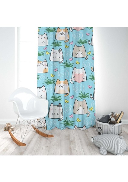Iskandinav Stili Kediler, Mavi, Pembe, Ithal Kumaş, Çocuk ve Bebek Odası Fon Perde - 1 Kanat modelleri