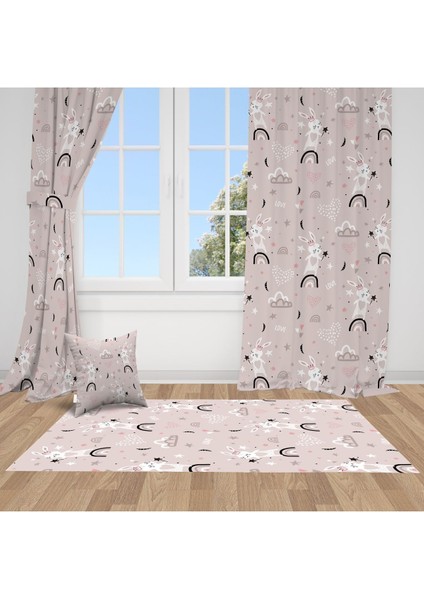 Sihirbaz Tavşan, Pembe, Gri, Ithal Kumaş, Çocuk ve Bebek Odası Fon Perde - 1 Kanat