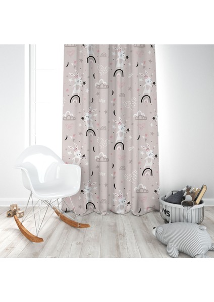 Sihirbaz Tavşan, Pembe, Gri, Ithal Kumaş, Çocuk ve Bebek Odası Fon Perde - 1 Kanat modelleri